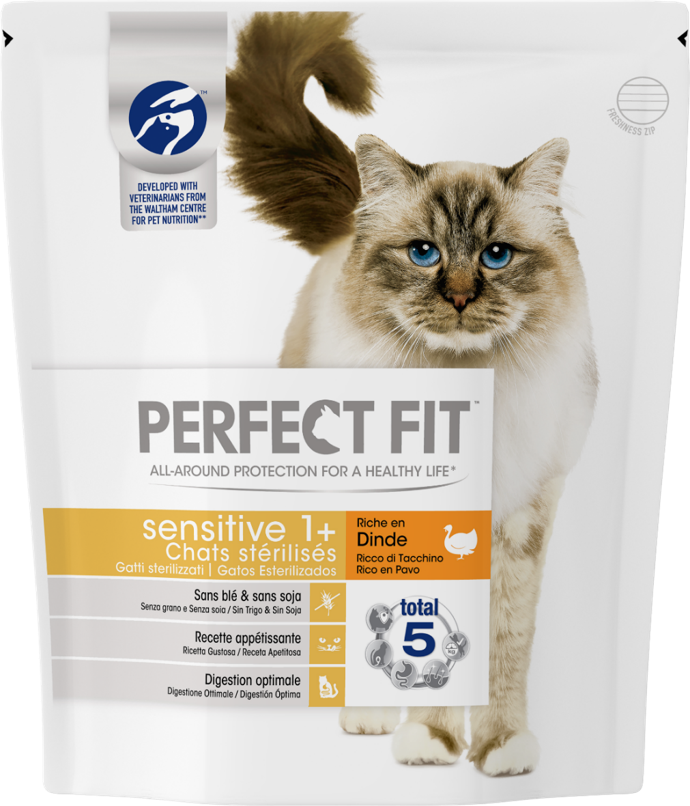 Croquettes chat Perfect Fit™ Sensitive 1 an et + riche en dinde pour chats sensibles stérilisés